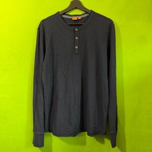 Hugo Boss Orange Men Navy Blue Long Sleeve Henley Shirt Slub Cotton Medium